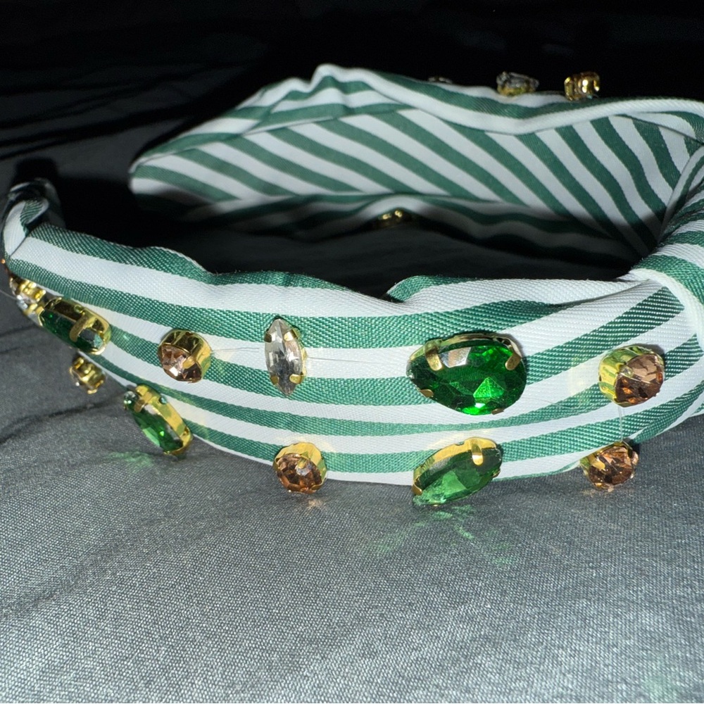 Piper K Striped Green and White Embellished Headband - Picture 3 of 4